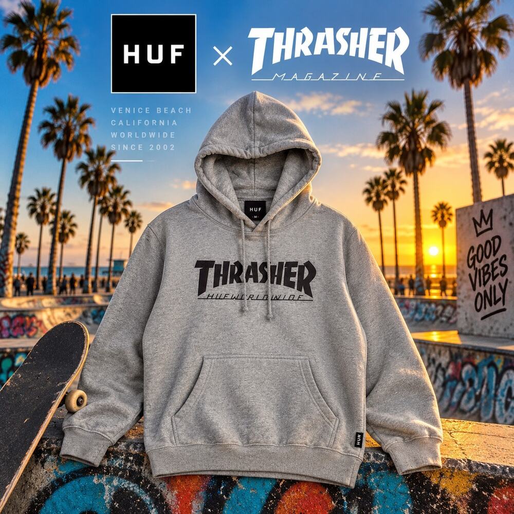 HUF x Thrasher Hoodie Mens Medium Gray Pullover Skateboarding Skate Streetwear